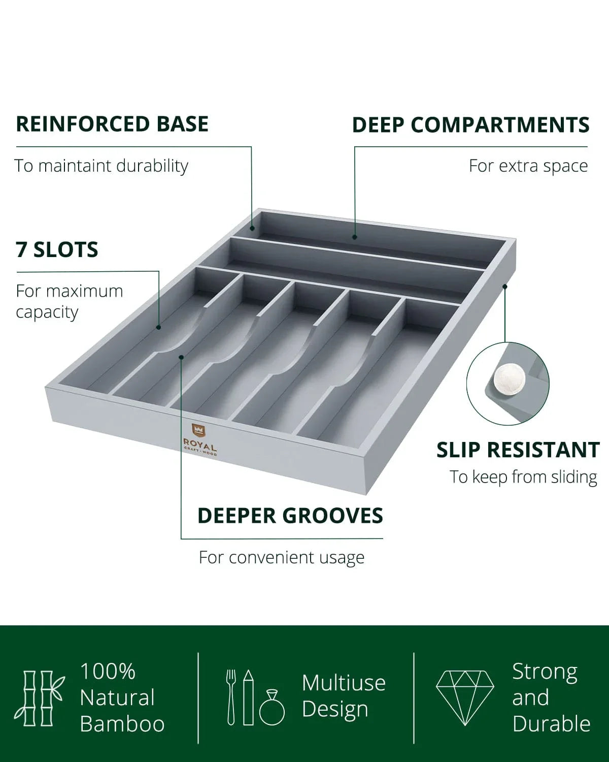 Basic Silverware Drawer Organizer, Gray, side view - House Of Avana