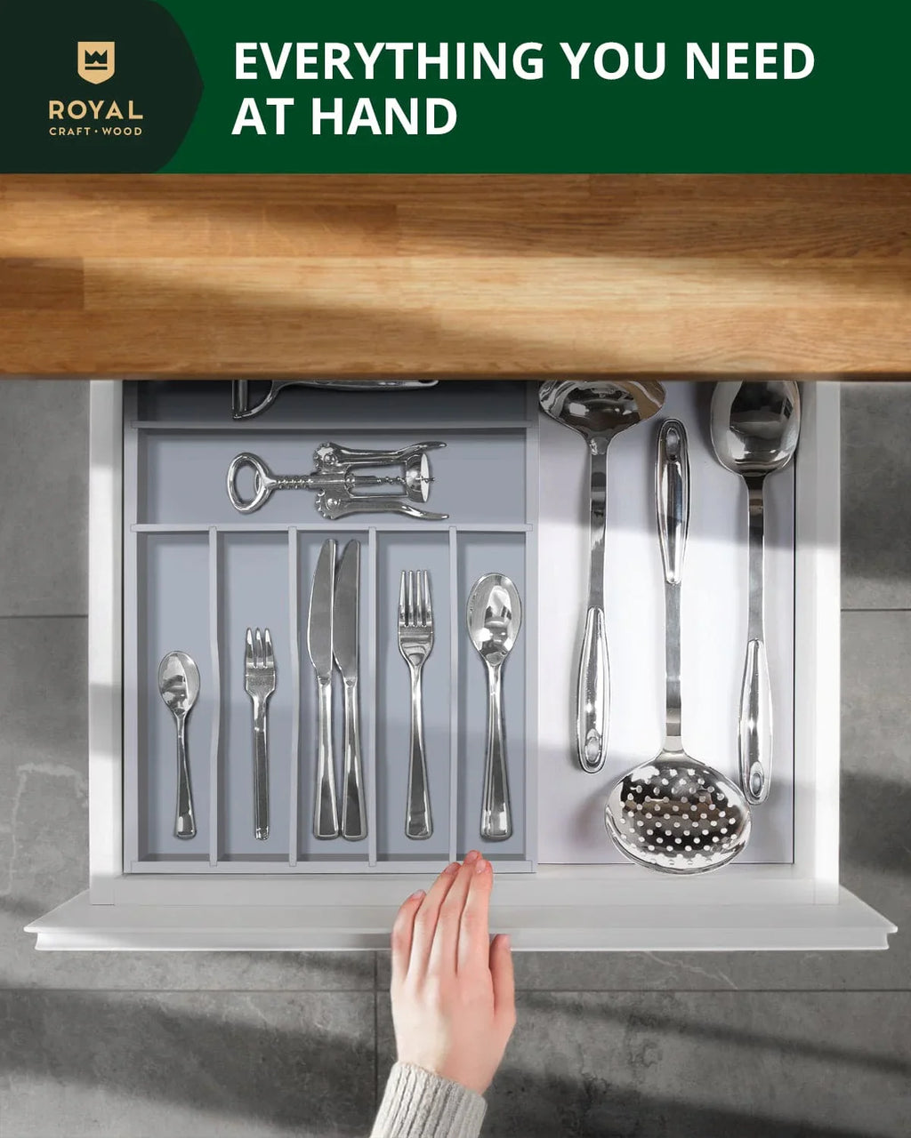 Basic Silverware Drawer Organizer, Gray, angled view - House Of Avana