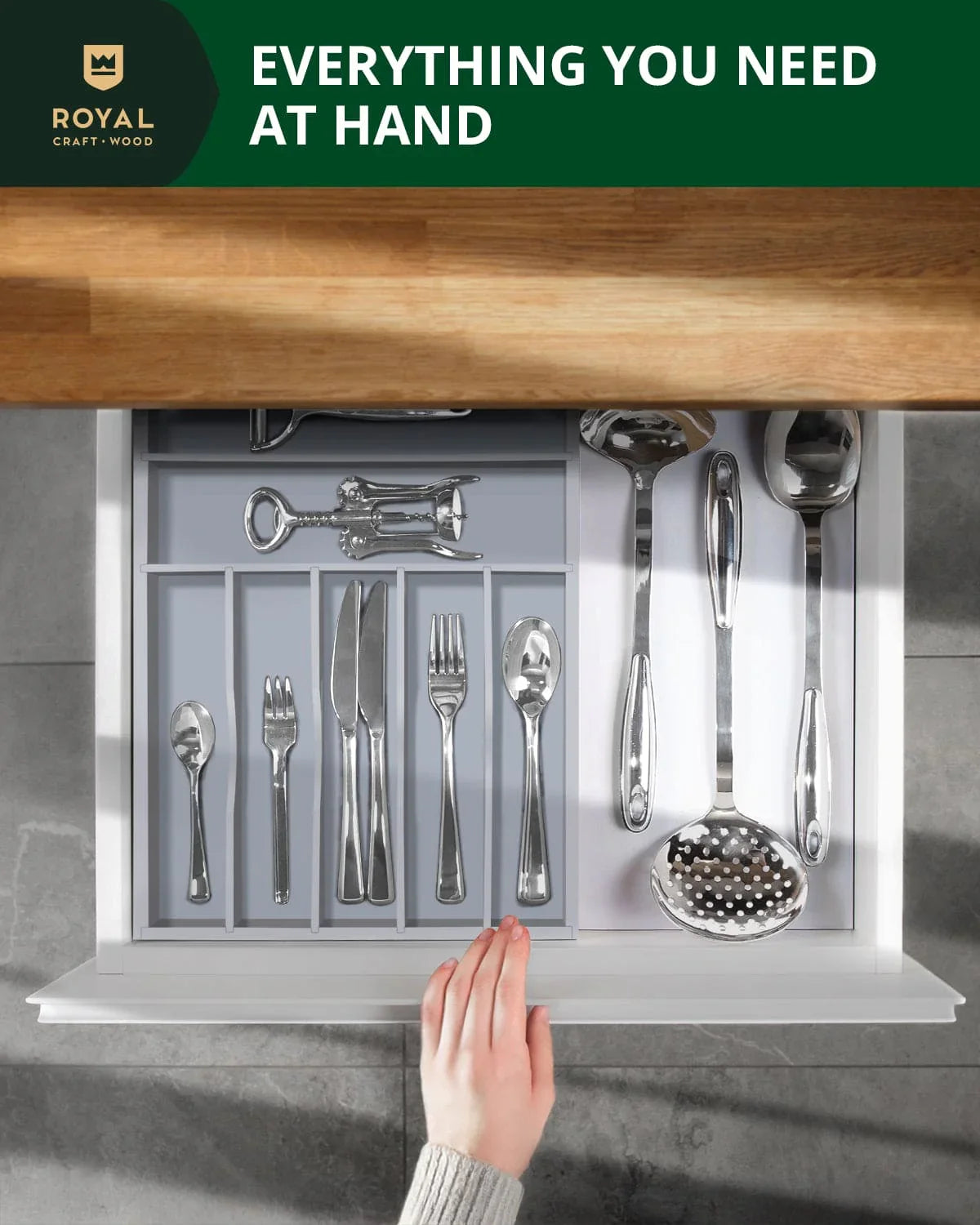 Basic Silverware Drawer Organizer, Gray, angled view - House Of Avana