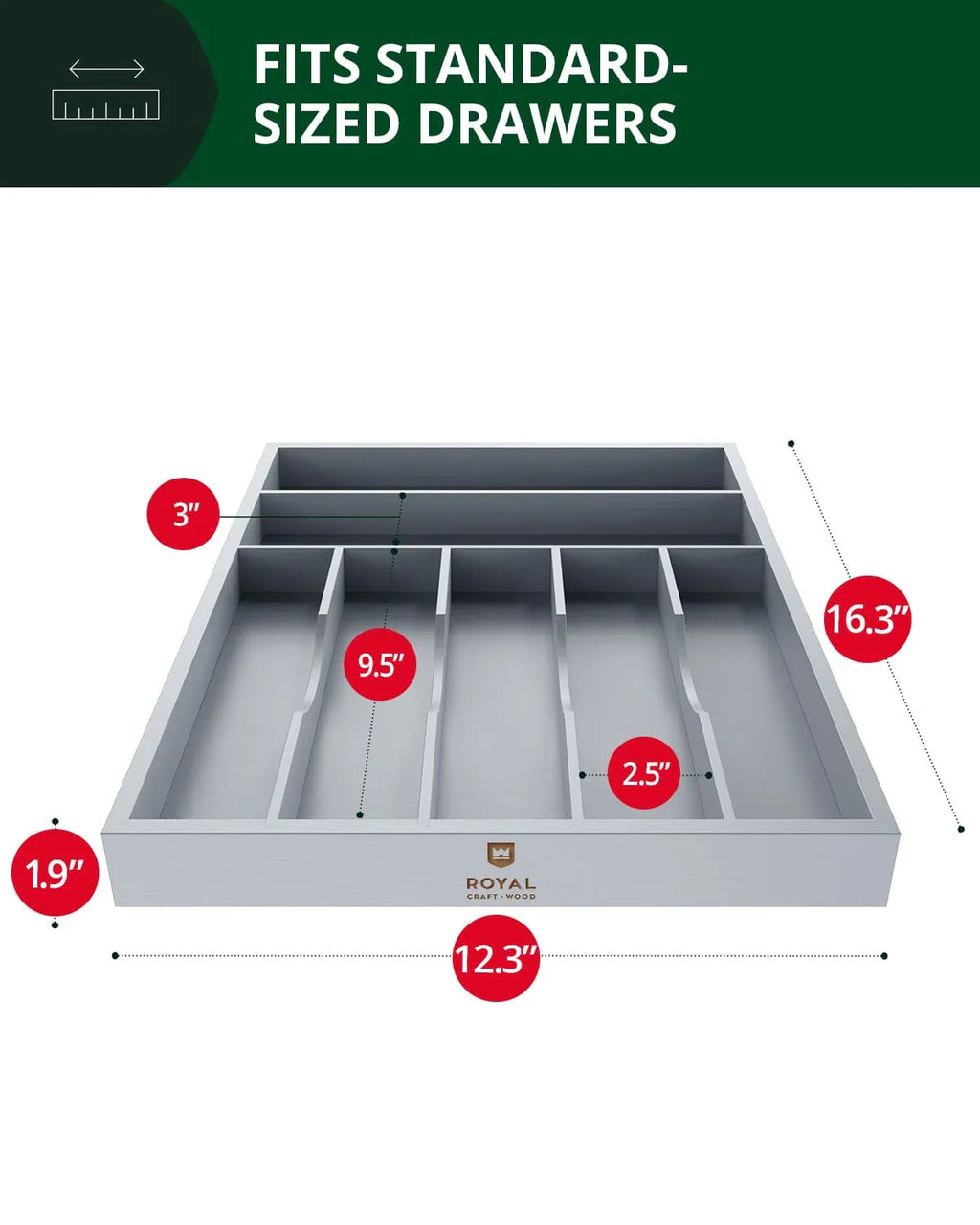 Basic Silverware Drawer Organizer, Gray, angled view - House Of Avana