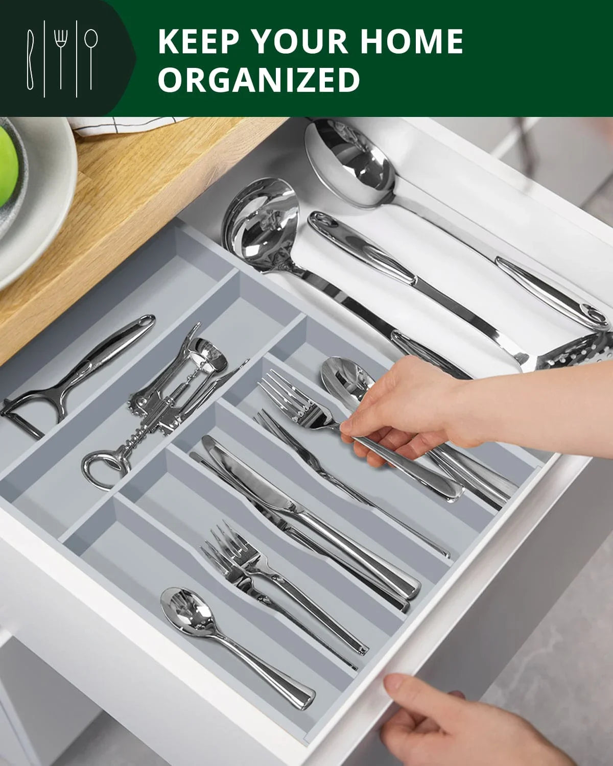 Basic Silverware Drawer Organizer, Gray, angled view - House Of Avana