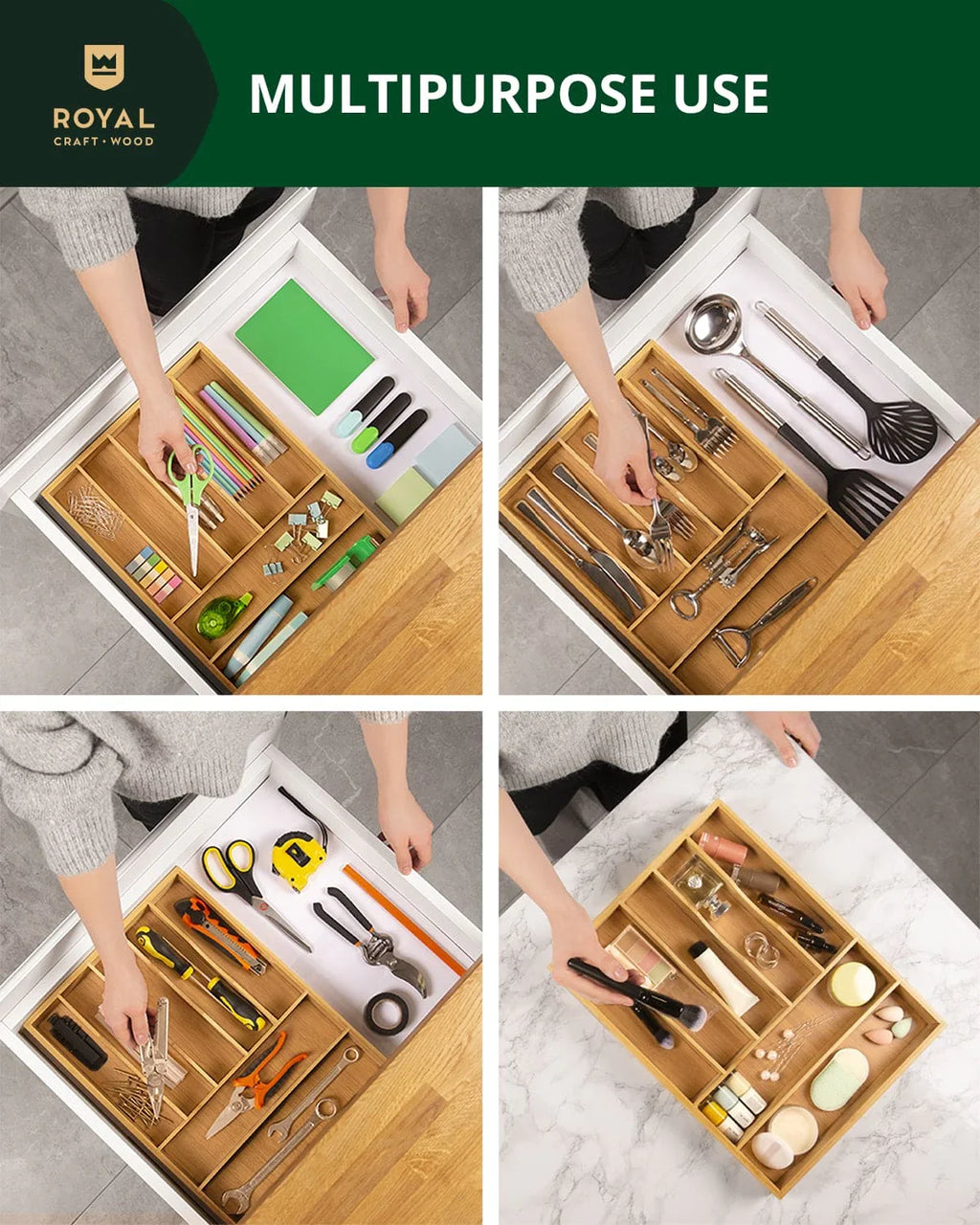 Basic Silverware Drawer Organizer, Natural, side view - House Of Avana