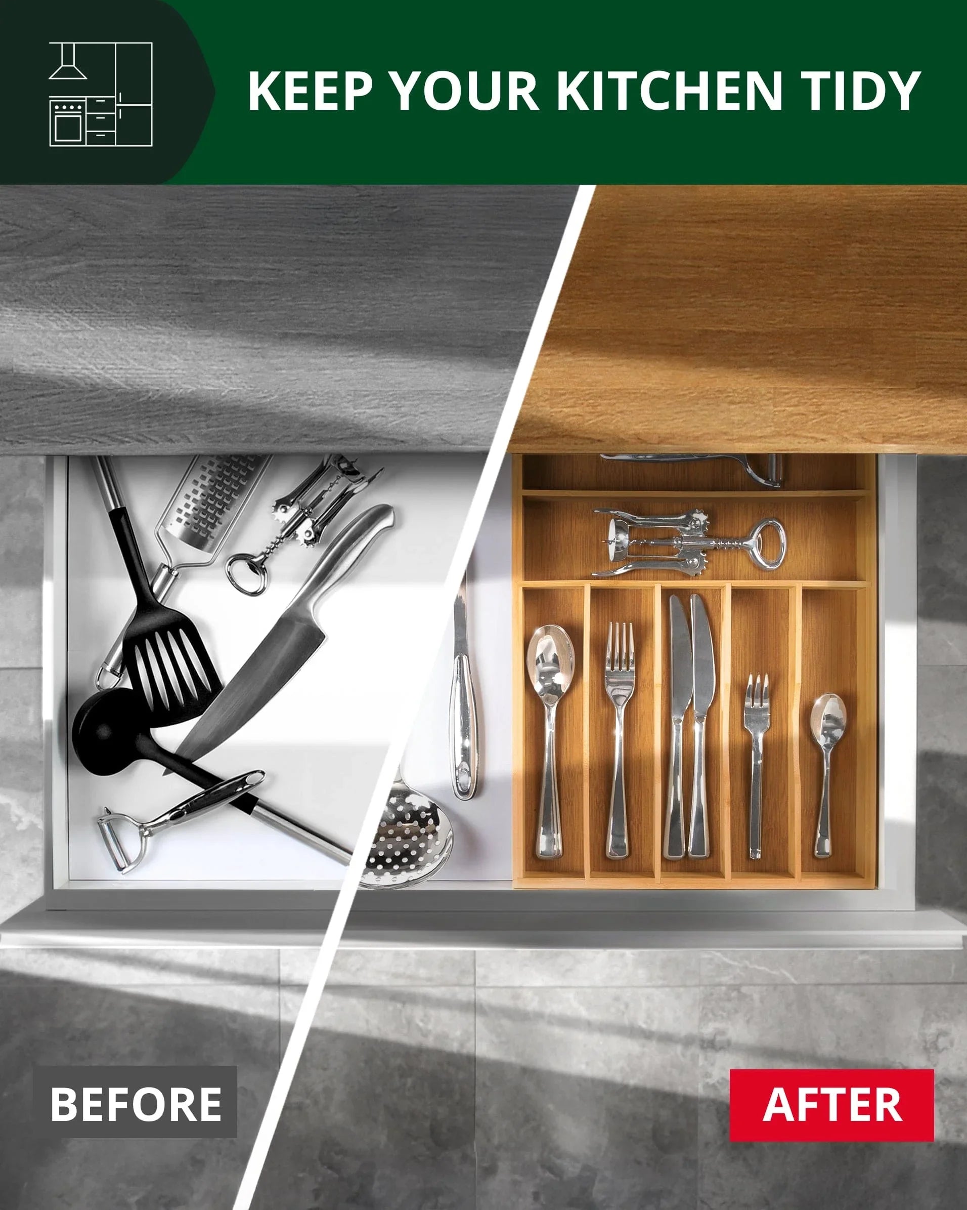Basic Silverware Drawer Organizer, Natural, lifestyle image - House Of Avana