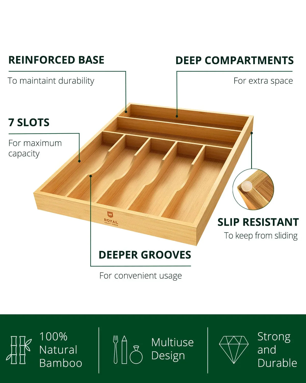 Basic Silverware Drawer Organizer, Natural, angled view - House Of Avana