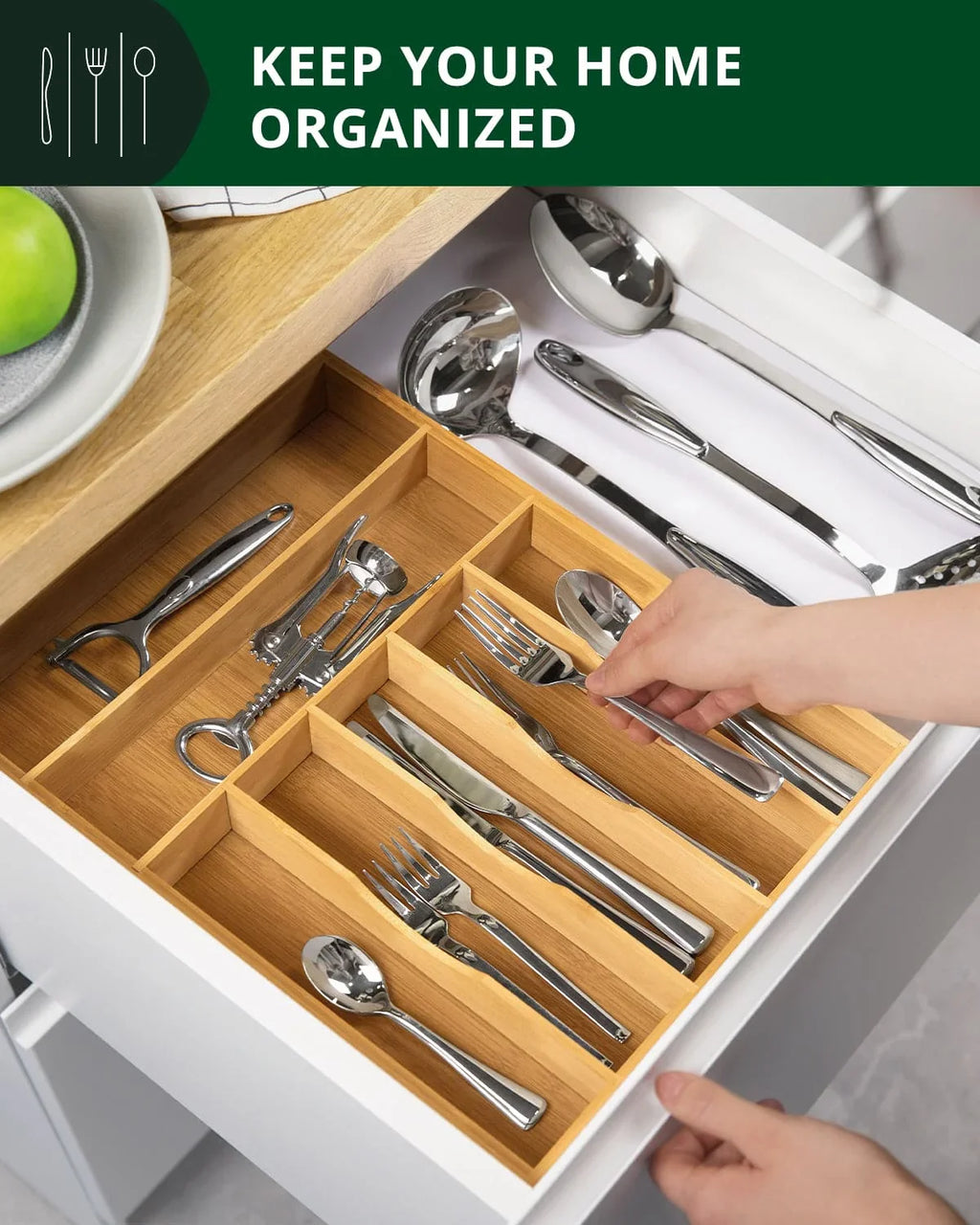 Basic Silverware Drawer Organizer, Natural, angled view - House Of Avana