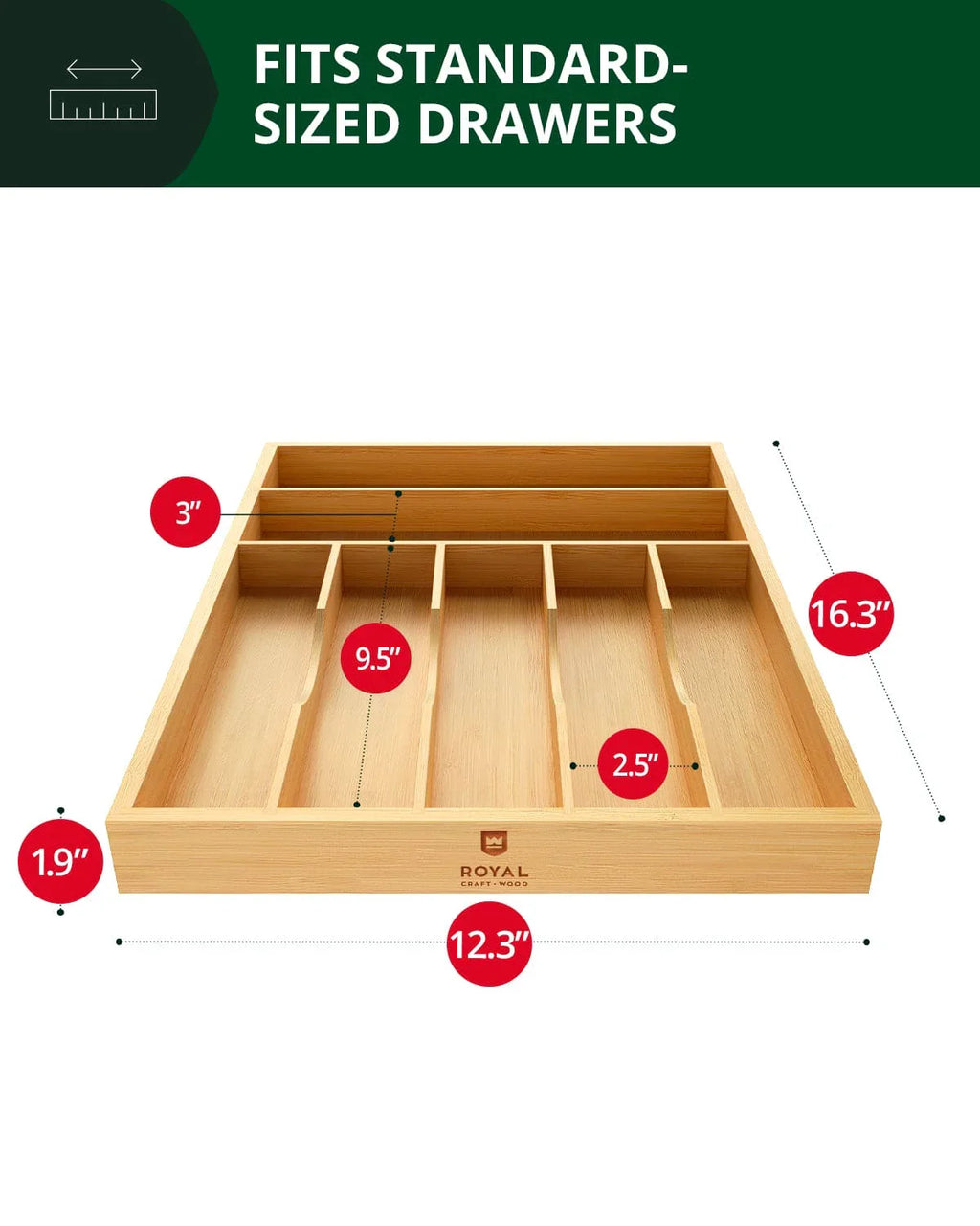 Basic Silverware Drawer Organizer, Natural, angled view - House Of Avana