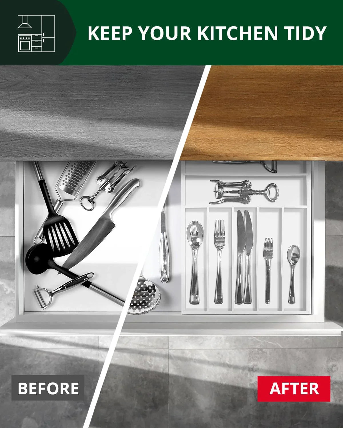 Basic Silverware Drawer Organizer, White, side view - House Of Avana