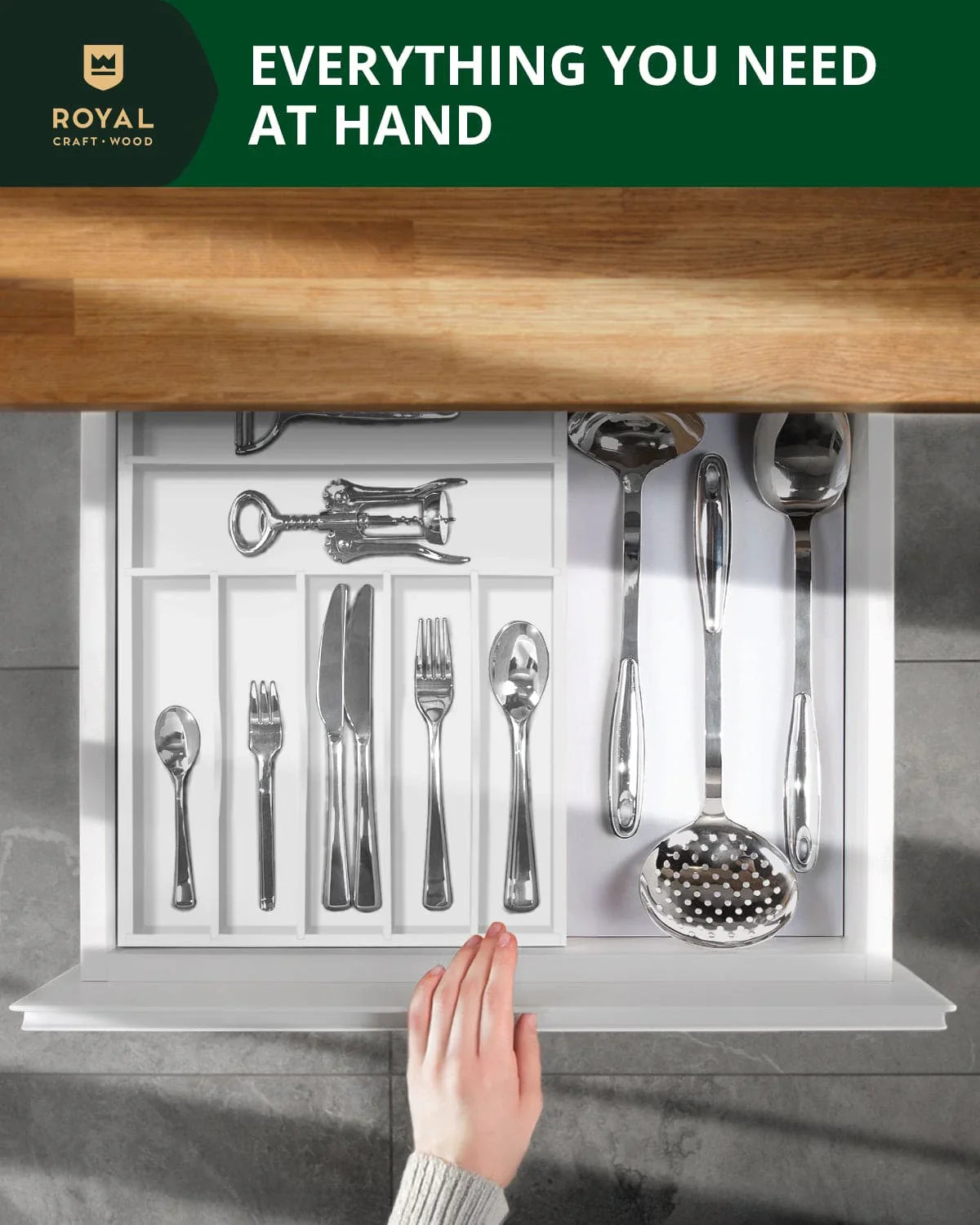 Basic Silverware Drawer Organizer, White, angled view - House Of Avana