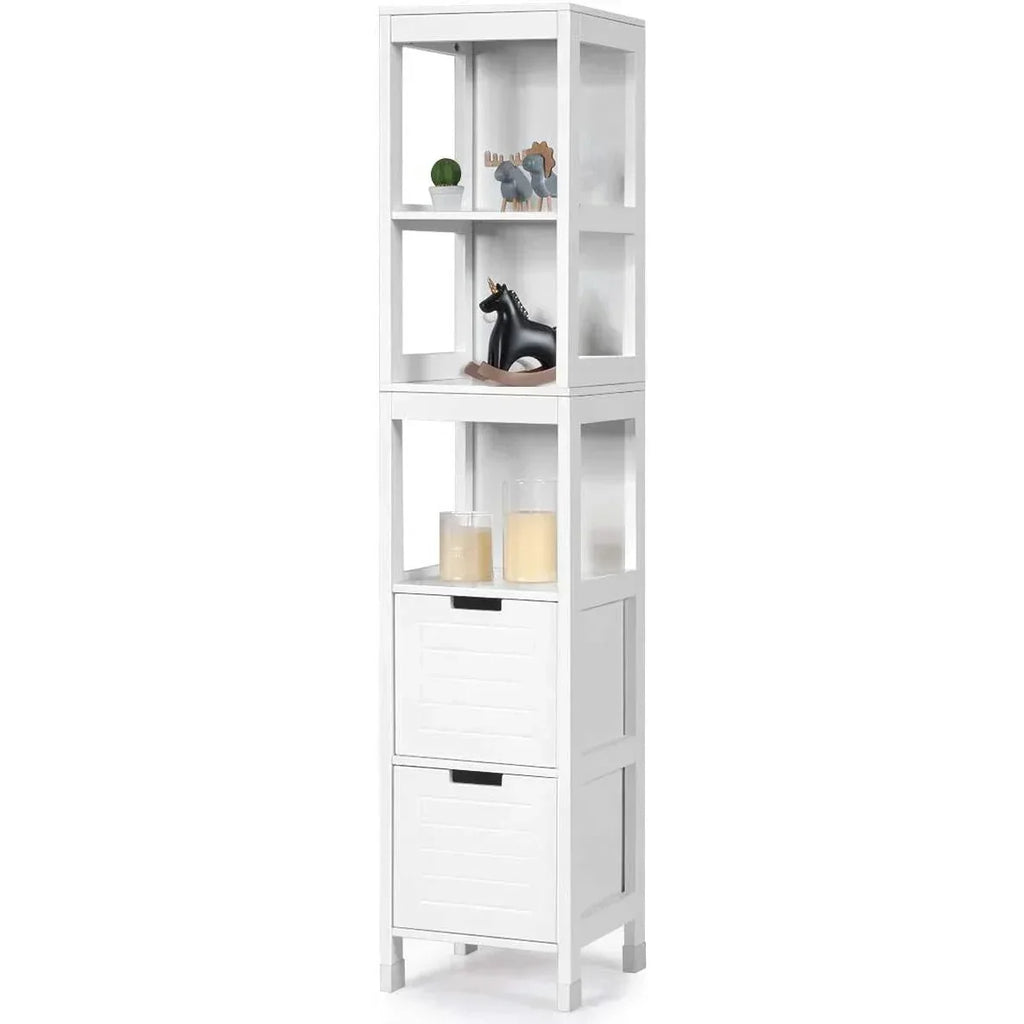 Bathroom Cabinet Tower with 2 Storage Drawers and 3 Shelves in White Wood Finish