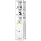 Bathroom Cabinet Tower with 2 Storage Drawers and 3 Shelves in White Wood Finish