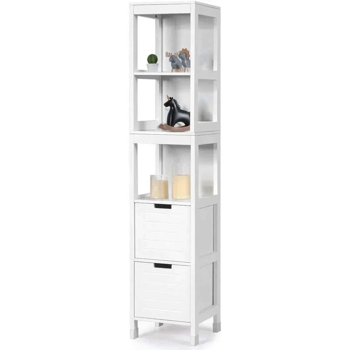 Bathroom Cabinet Tower with 2 Storage Drawers and 3 Shelves in White Wood Finish