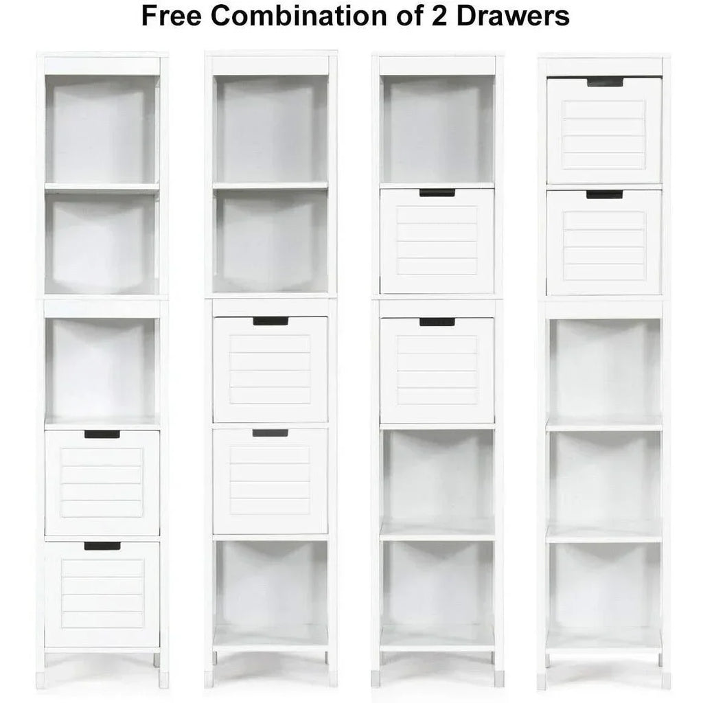 Bathroom Cabinet Tower with 2 Storage Drawers and 3 Shelves in White Wood Finish