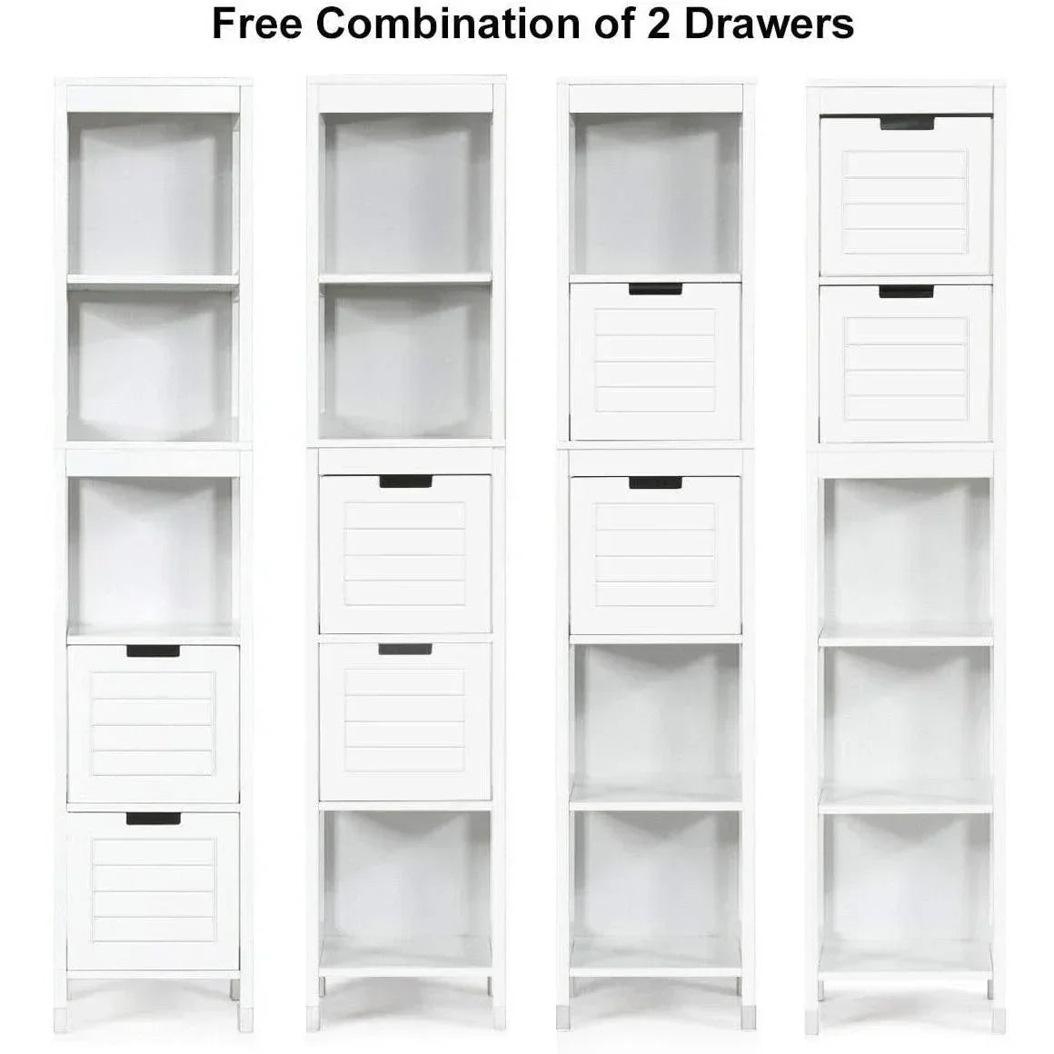 Bathroom Cabinet Tower with 2 Storage Drawers and 3 Shelves in White Wood Finish