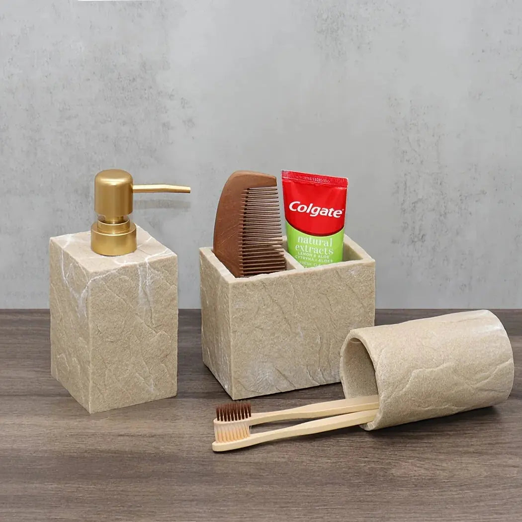 Beige Stone Bathroom Essentials, Creamy Finish, texture detail - House Of Avana [[SKU:HOA-BAT-405]]