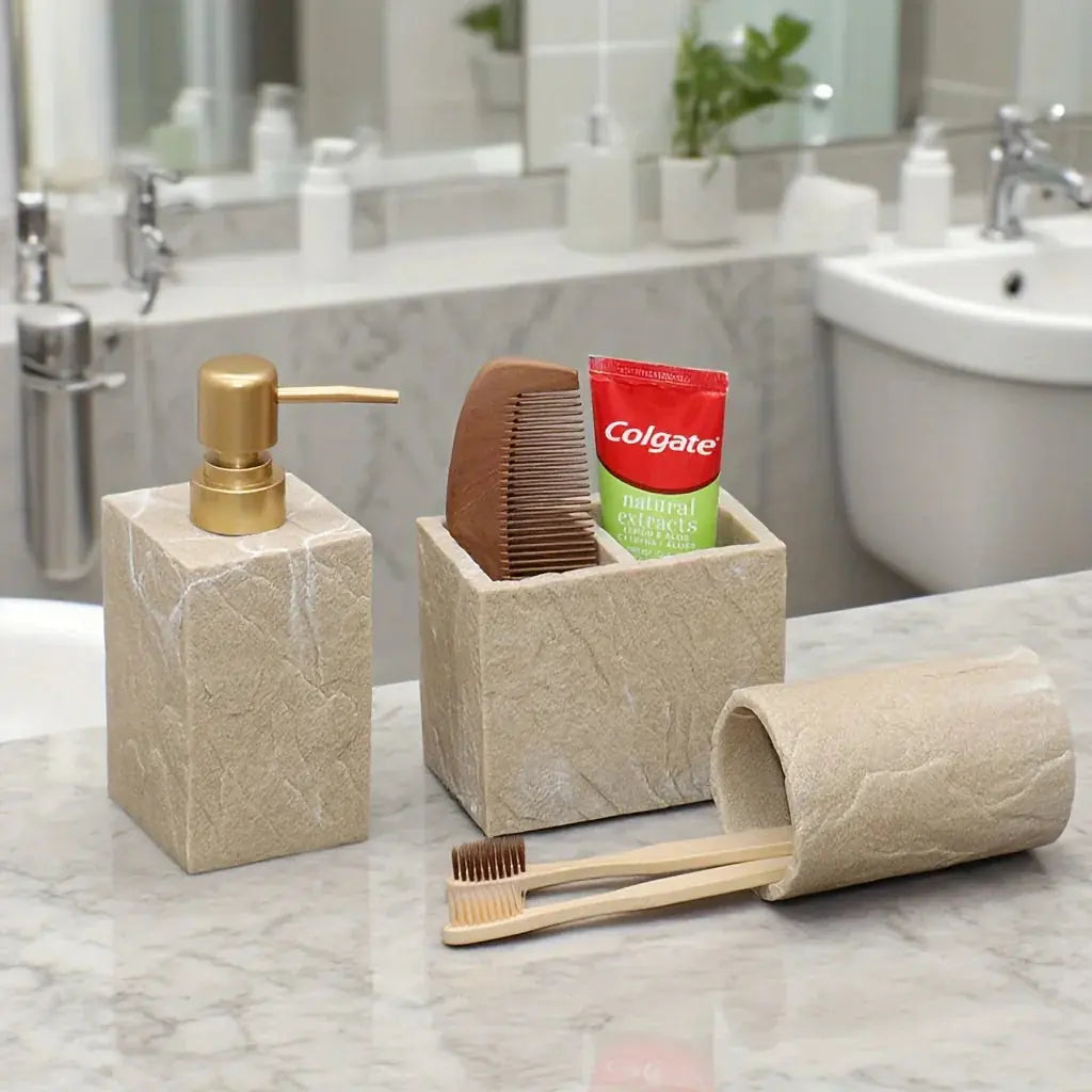Beige Stone Bathroom Essentials, Creamy Finish, front view - House Of Avana [[SKU:HOA-BAT-405]]