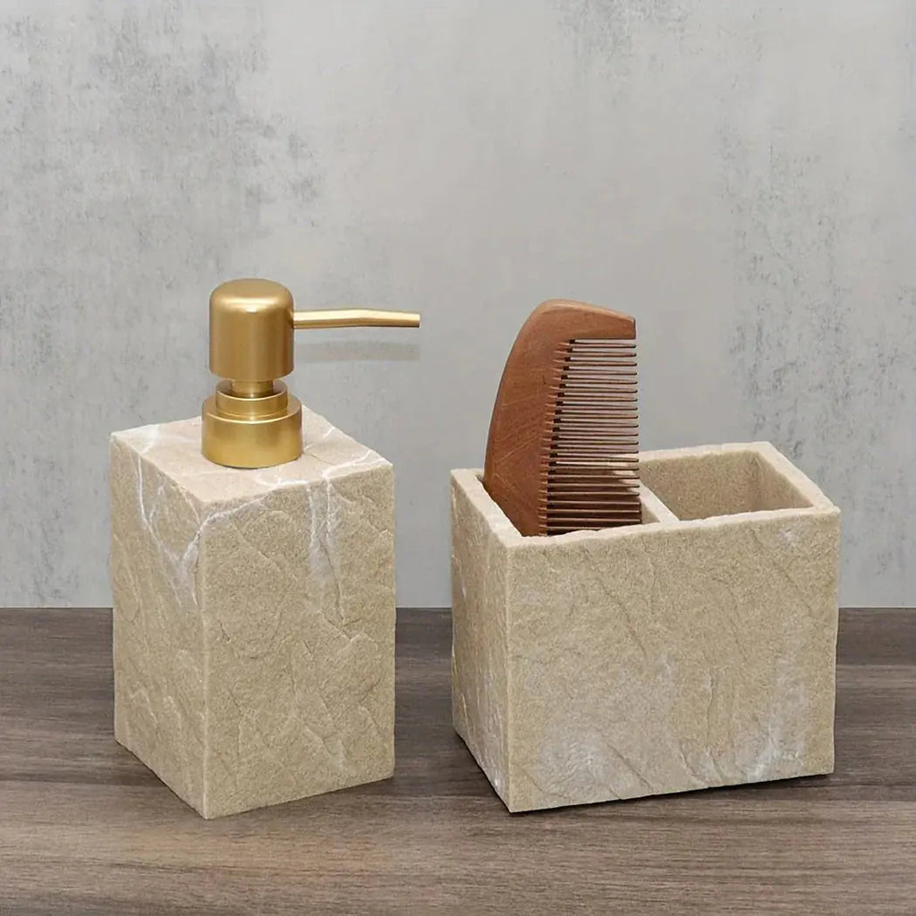 Beige Stone Bathroom Essentials, Creamy Finish, angled view - House Of Avana [[SKU:HOA-BAT-405]]