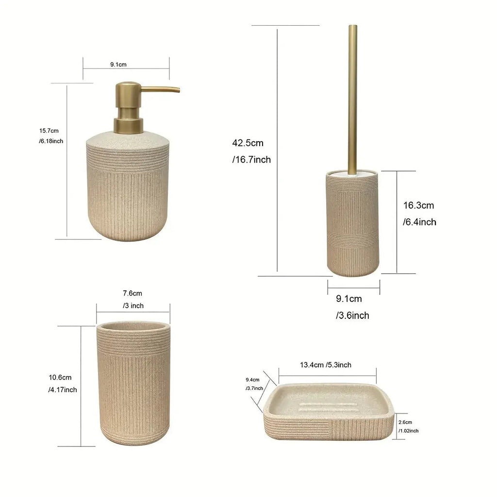 Modern Bathroom Set with Beige & Golden Accents - Includes Soap Dispenser, Toilet Brush Holder, Toilet Paper Holder, and Tray - Elegant Bathroom Organizer for Vanity, Or Bathroom Decor, Vanity Storage, Sleek Design, Durable C House Of Avana [[SKU:HOA-BAT-410]]
