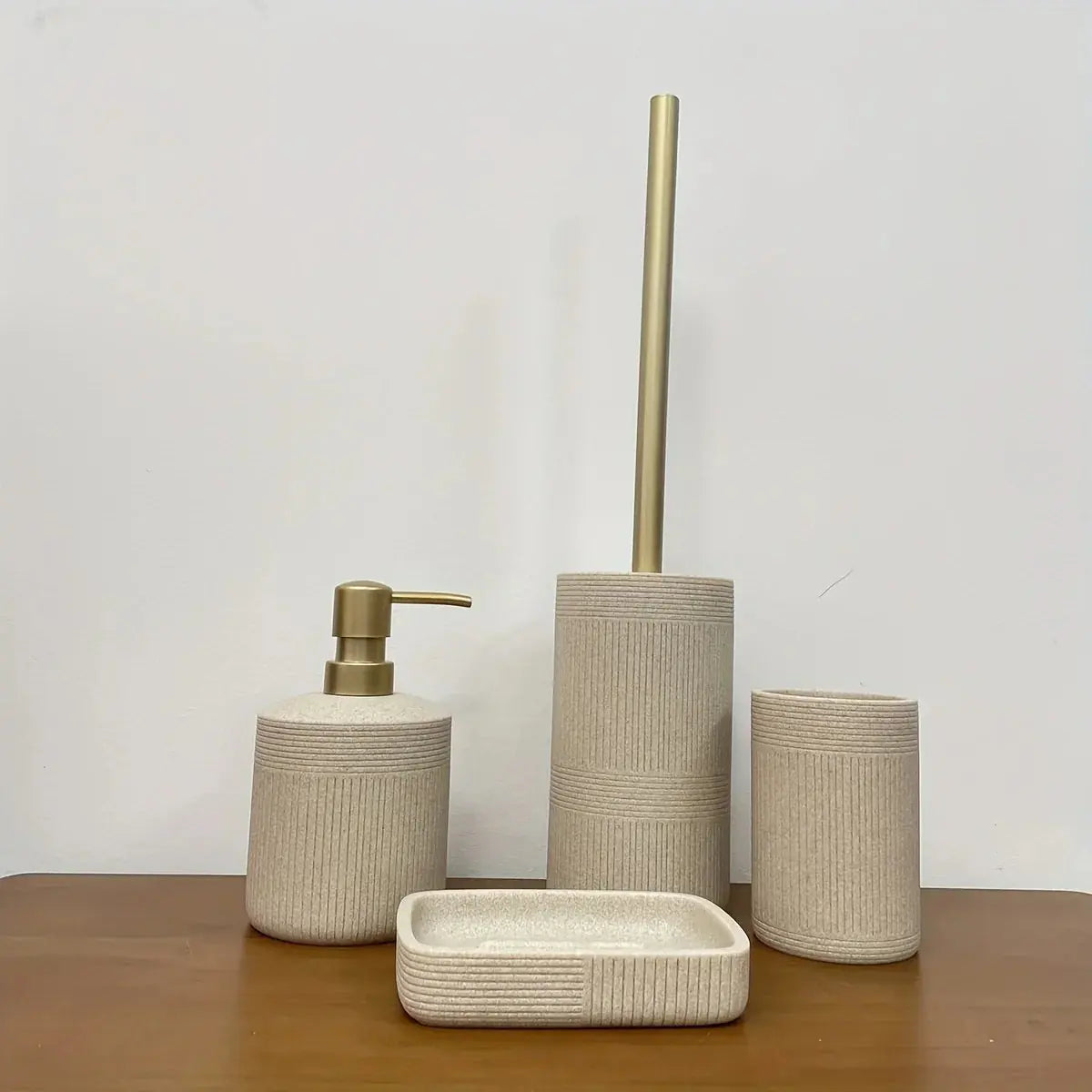 Modern Bathroom Set with Beige & Golden Accents - Includes Soap Dispenser, Toilet Brush Holder, Toilet Paper Holder, and Tray - Elegant Bathroom Organizer for Vanity, Or Bathroom Decor, Vanity Storage, Sleek Design, Durable C House Of Avana [[SKU:HOA-BAT-410]]