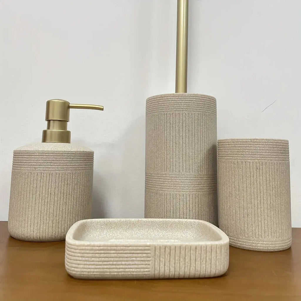 Modern Bathroom Set with Beige & Golden Accents - Includes Soap Dispenser, Toilet Brush Holder, Toilet Paper Holder, and Tray - Elegant Bathroom Organizer for Vanity, Or Bathroom Decor, Vanity Storage, Sleek Design, Durable C House Of Avana [[SKU:HOA-BAT-410]]
