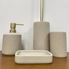 Modern Bathroom Set with Beige & Golden Accents - Includes Soap Dispenser, Toilet Brush Holder, Toilet Paper Holder, and Tray - Elegant Bathroom Organizer for Vanity, Or Bathroom Decor, Vanity Storage, Sleek Design, Durable C House Of Avana [[SKU:HOA-BAT-410]]