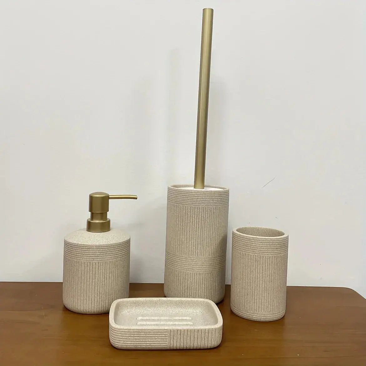 Modern Bathroom Set with Beige & Golden Accents - Includes Soap Dispenser, Toilet Brush Holder, Toilet Paper Holder, and Tray - Elegant Bathroom Organizer for Vanity, Or Bathroom Decor, Vanity Storage, Sleek Design, Durable C House Of Avana [[SKU:HOA-BAT-410-A]]