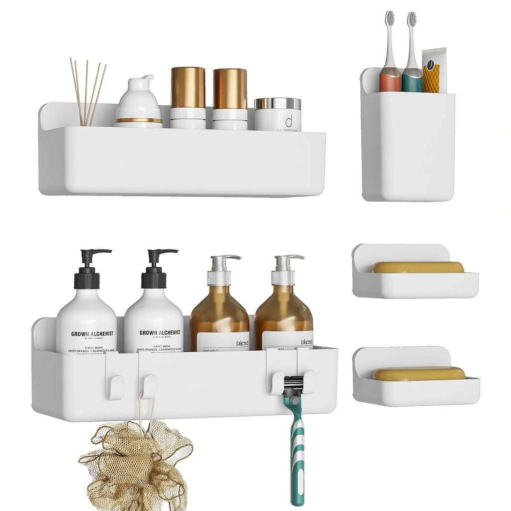 Bathroom Organizer - Wall-mounted Stainless Steel 5-piece, close-up view - House Of Avana