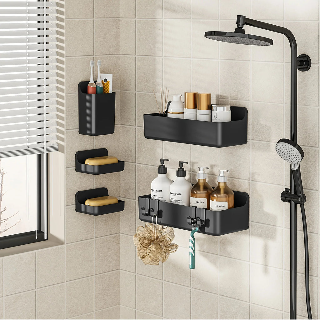 Bathroom Organizer - Wall-mounted Stainless Steel 5-piece, lifestyle image - House Of Avana