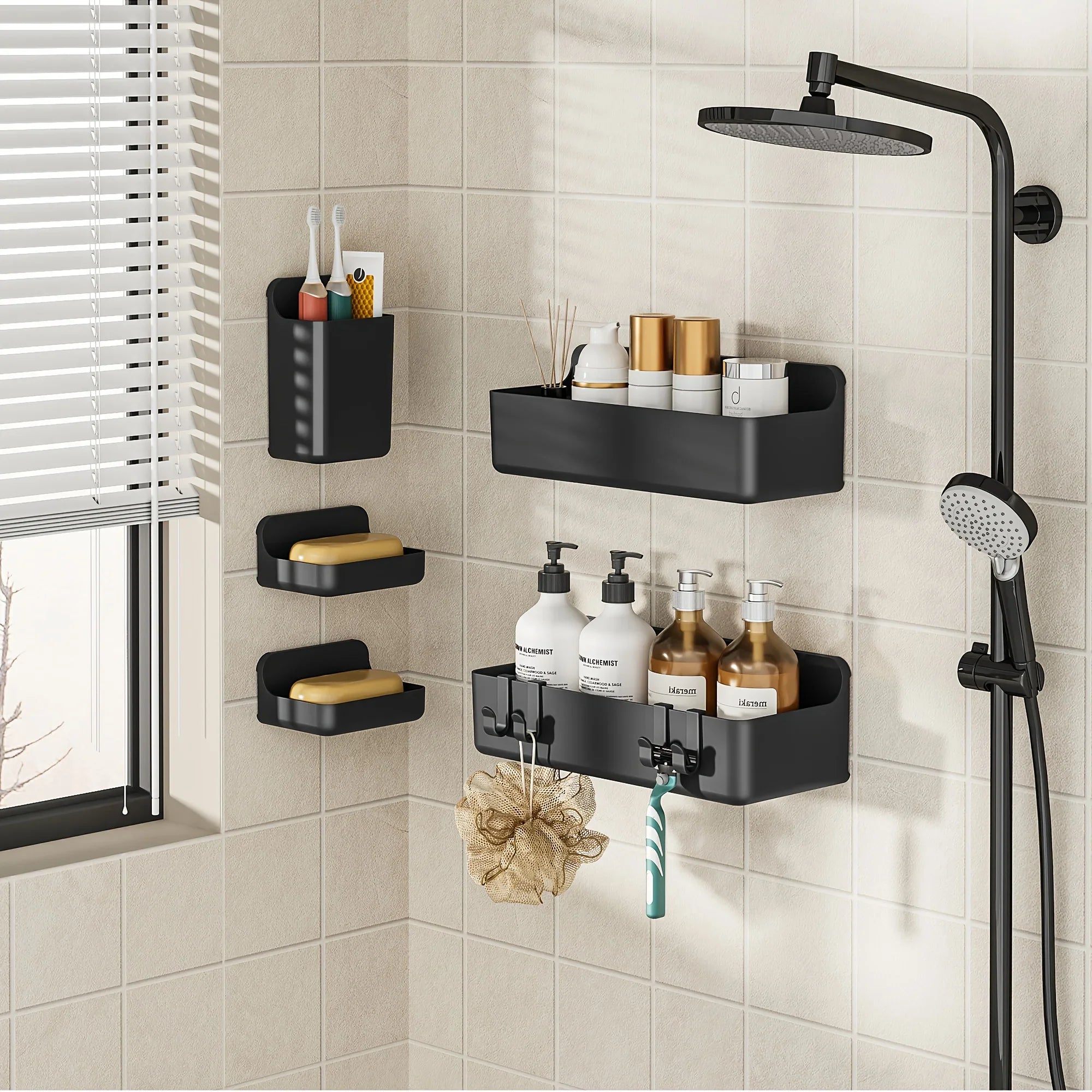 Bathroom Organizer - Wall-mounted Stainless Steel 5-piece, lifestyle image - House Of Avana