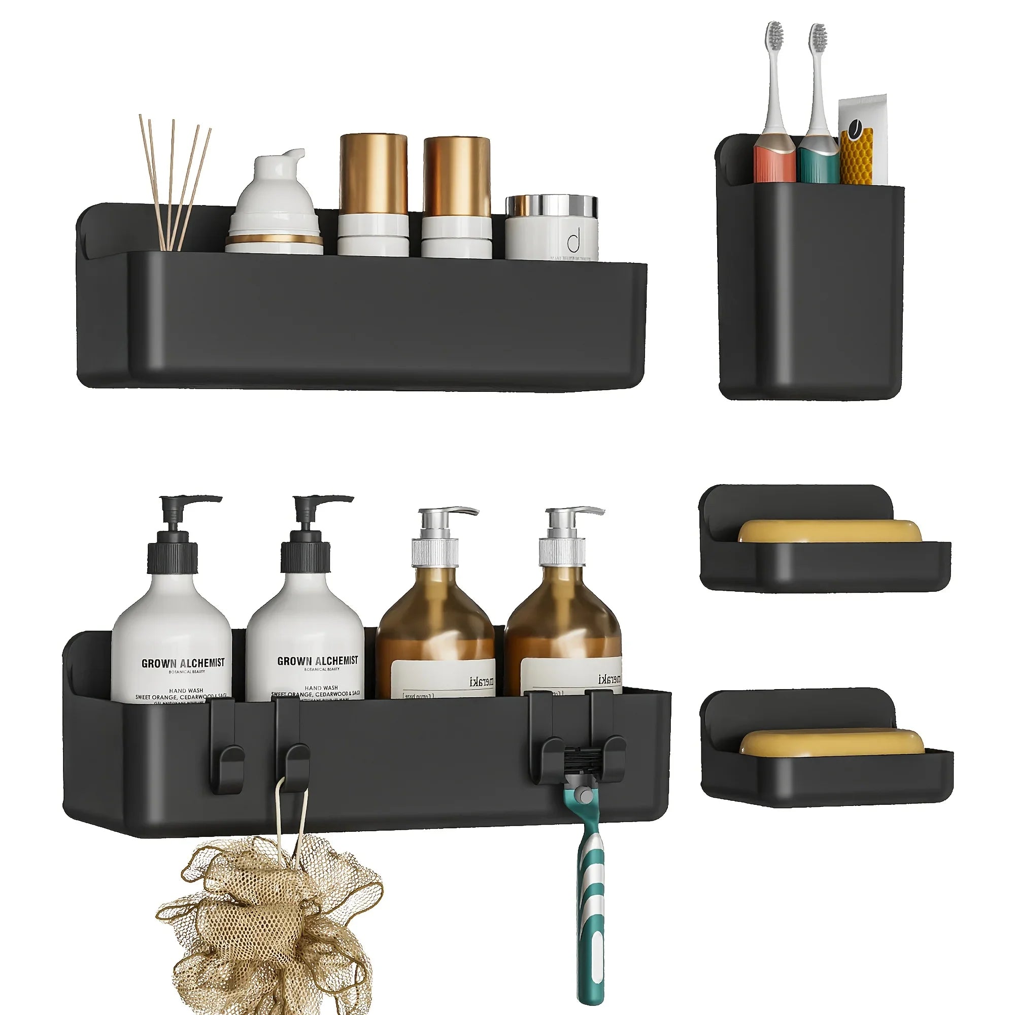 Bathroom Organizer - Wall-mounted Stainless Steel 5-piece, angled view - House Of Avana
