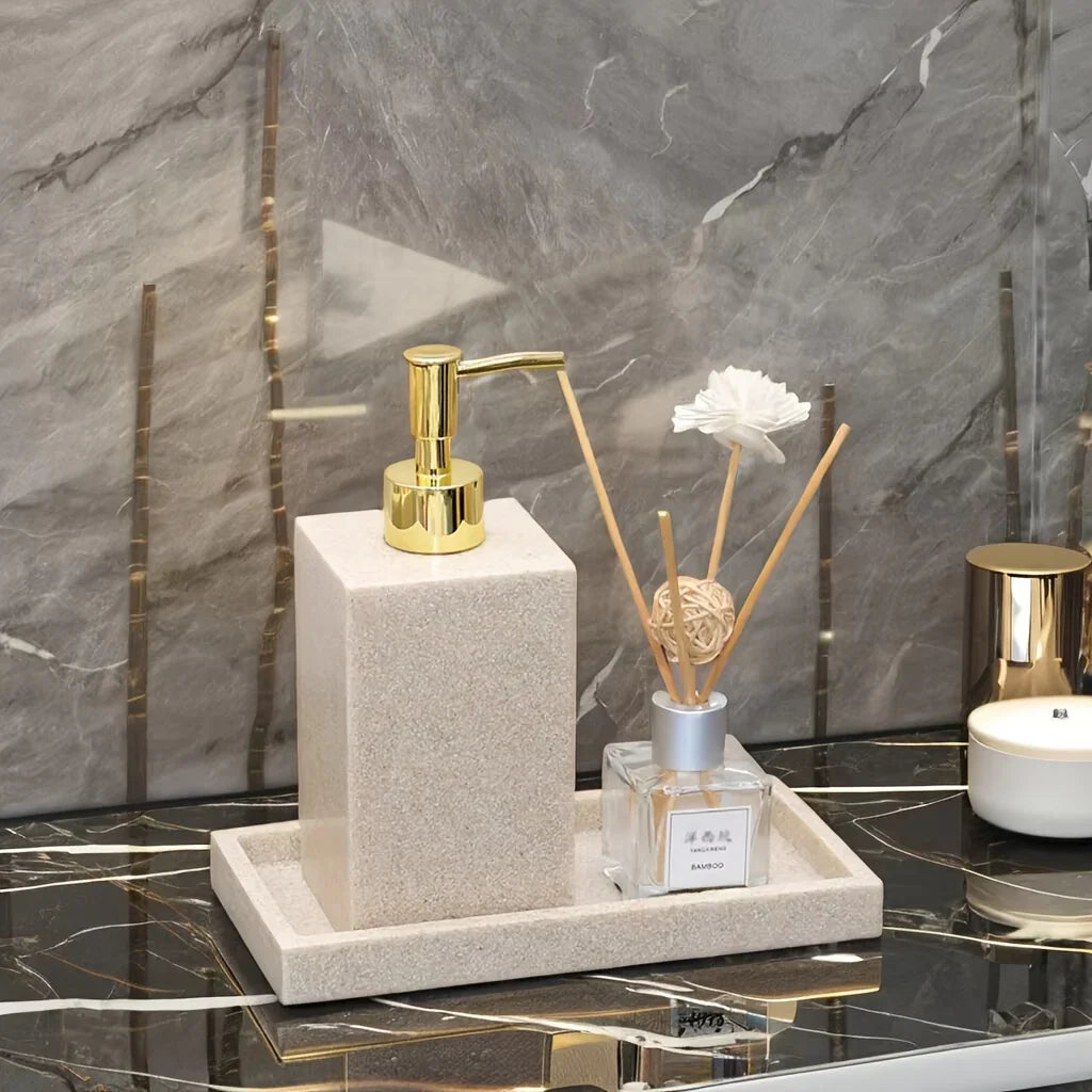 3pcs Elegant Sandstone Resin Bathroom Vanity Set - Modern Hand Soap Dispenser, Decorative Tray & Aromatherapy Sticks Holder in Golden and Beige - Easy to Clean, Perfect for Home & Hotel, Bathroom Trays House Of Avana