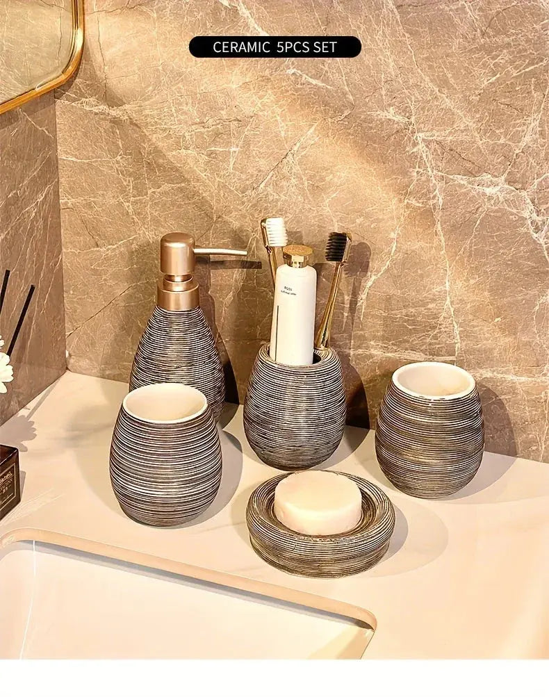 Luxury Bathroom Wash Set of Five with Pull Craft Wash Kit, Divided Bottles, Handmade Retro White Background, Household Bathroom Lotion Bottle, Toothbrush Cup, Mouthwash Cup, Soap Dish, Ceramic Bathroom House Of Avana [[SKU:HOA-BAT-402]]