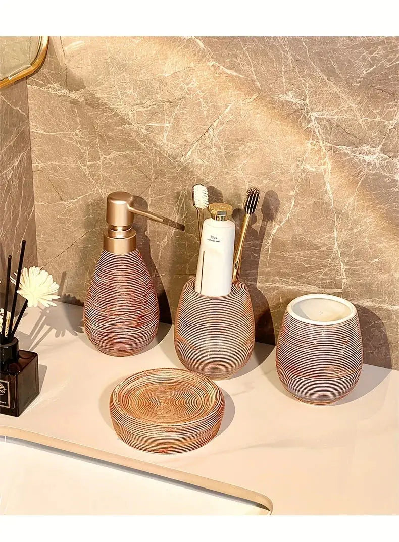 Luxury Bathroom Wash Set of Five with Pull Craft Wash Kit, Divided Bottles, Handmade Retro White Background, Household Bathroom Lotion Bottle, Toothbrush Cup, Mouthwash Cup, Soap Dish, Ceramic Bathroom House Of Avana [[SKU:HOA-BAT-402]]