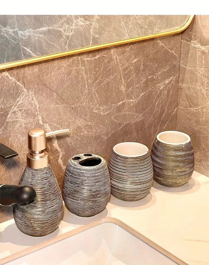 Luxury Bathroom Wash Set of Five with Pull Craft Wash Kit, Divided Bottles, Handmade Retro White Background, Household Bathroom Lotion Bottle, Toothbrush Cup, Mouthwash Cup, Soap Dish, Ceramic Bathroom House Of Avana [[SKU:HOA-BAT-402]]