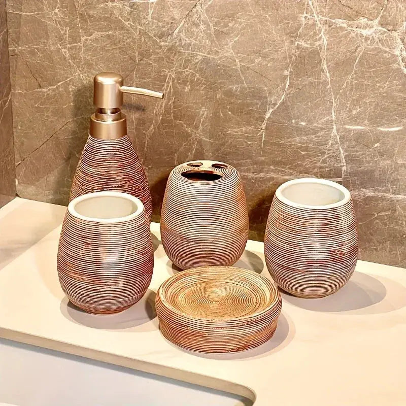 Luxury Bathroom Wash Set of Five with Pull Craft Wash Kit, Divided Bottles, Handmade Retro White Background, Household Bathroom Lotion Bottle, Toothbrush Cup, Mouthwash Cup, Soap Dish, Ceramic Bathroom House Of Avana [[SKU:HOA-BAT-402]]