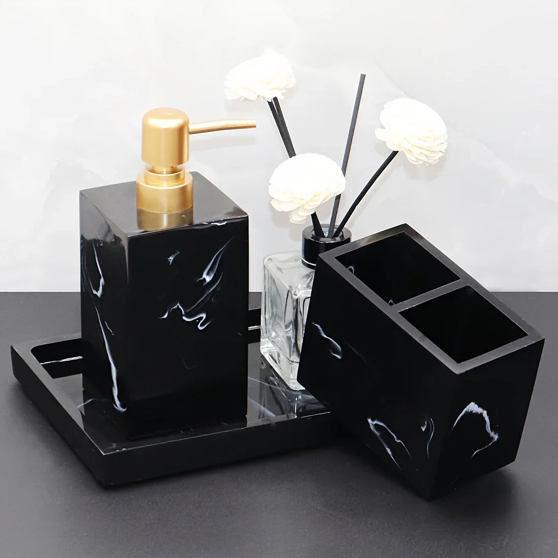 Marble Pattern Resin Bathroom Set, Three-Piece Minimalist Design Suitable for Various Styles, Very Practical and Textured in Multiple Colors for Home or Hotel Use House Of Avana [[SKU:HOA-BAT-409]]