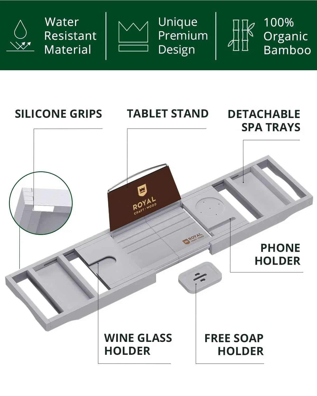 Bathtub Caddy Tray, Gray, angled view - House Of Avana