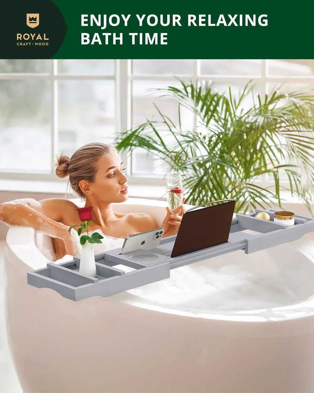 Bathtub Caddy Tray, Gray, angled view - House Of Avana