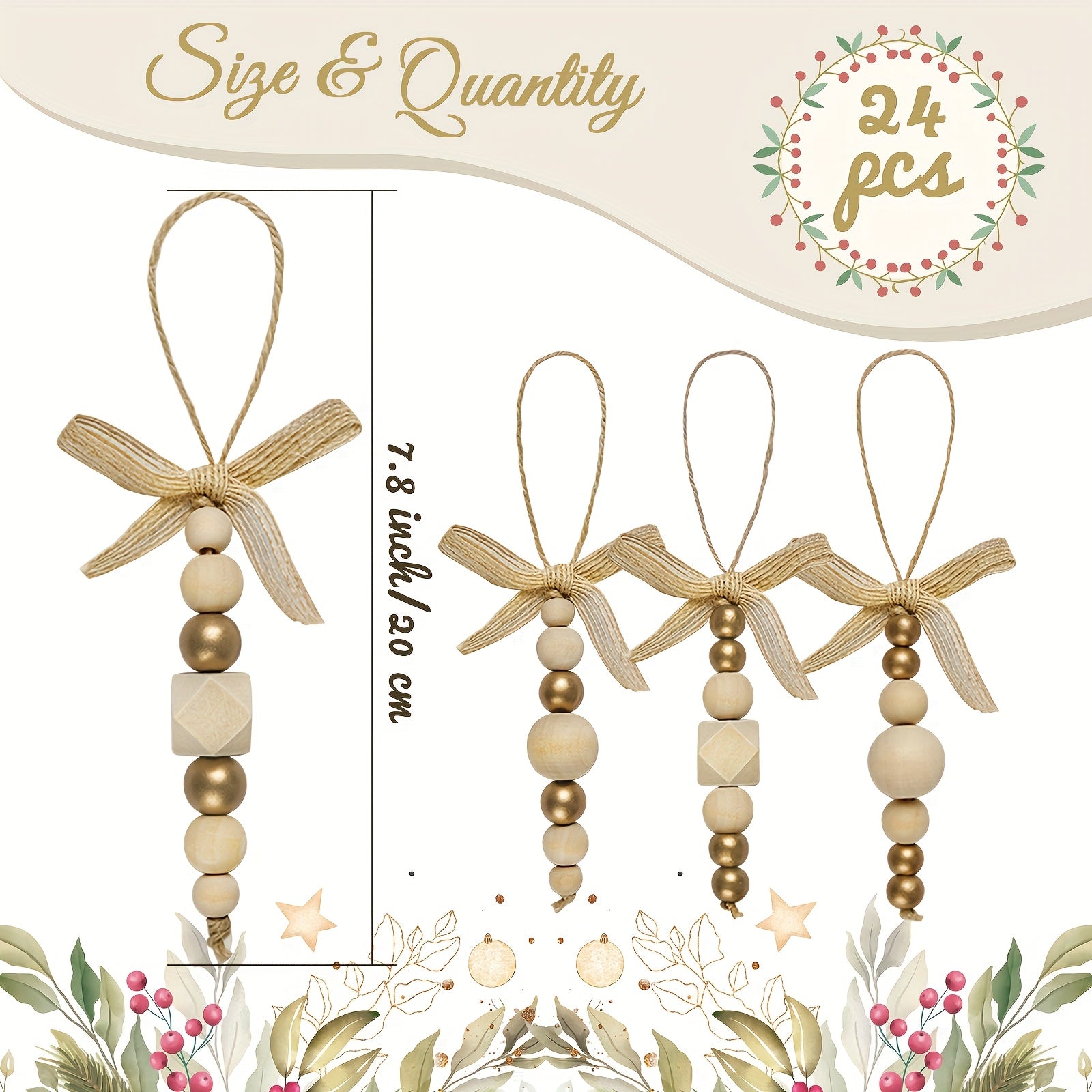 24pcs Bohemian Style Wooden Bead Christmas Tree Ornaments, Natural Wood Beads with Golden Beads and Bows - Farmhouse Style Hanging Decor for Wreaths, Holiday Trees, Floral Arrangements, Wedding Decor Accessories, Vintage Char House Of Avana