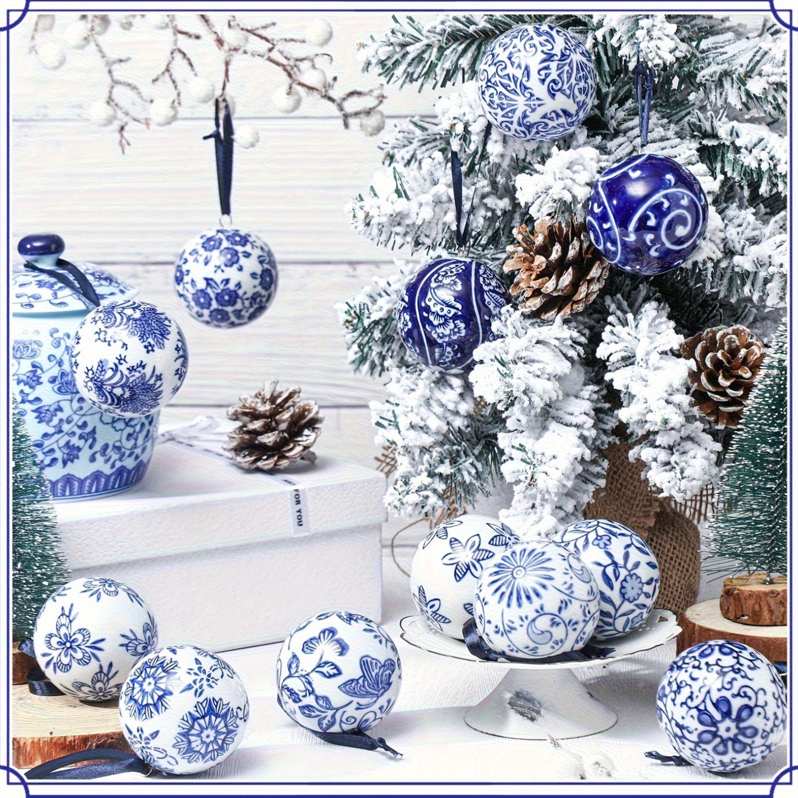 12 Christmas Ceramic Balls 2.4 Inch Blue and White Porcelain Chinese Style Decorations Wholesale Ceramic Hanging Decorative Ceramic Decorations Home Tree Decorative Christmas Party (Elegant Style), Seasonal Ornaments, Festive House Of Avana