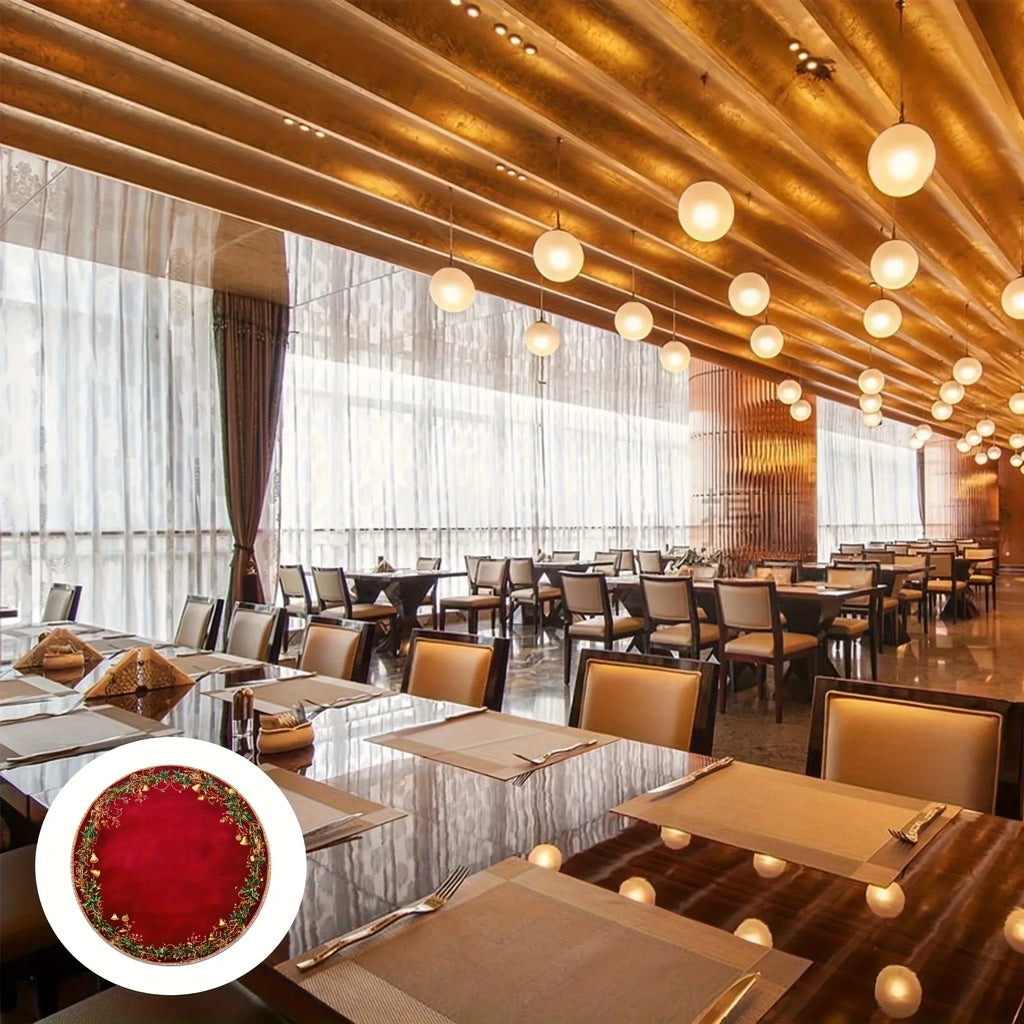 4pcs Red & Golden Round Placemats - Elegant Burgundy Golden Green Leaf Pattern Table Mats, Non-Toxic Durable Polyester 38.1 cm for Christmas Dinner Party, Wedding, Banquet, Holiday Table Decorations (Hand Wash Only), Christma House Of Avana