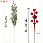 SHARKBEE 18pcs Artificial Pine Branches with Red Berry Picks 27.94cm Winter Christmas Greenery Fake Juniper Leaves Norfolk Pine Stems Needles for Craft Wreath Garland Vase House Of Avana