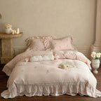 Beatrice Rose Lace Ruffle Bedding Set / Pink, front view - House Of Avana