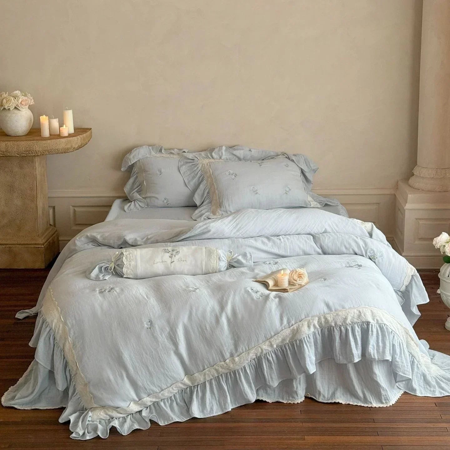 Beatrice Rose Lace Ruffle Bedding Set / Pink, texture detail - House Of Avana