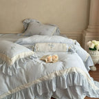 Beatrice Rose Lace Ruffle Bedding Set / Pink, dimensions view - House Of Avana