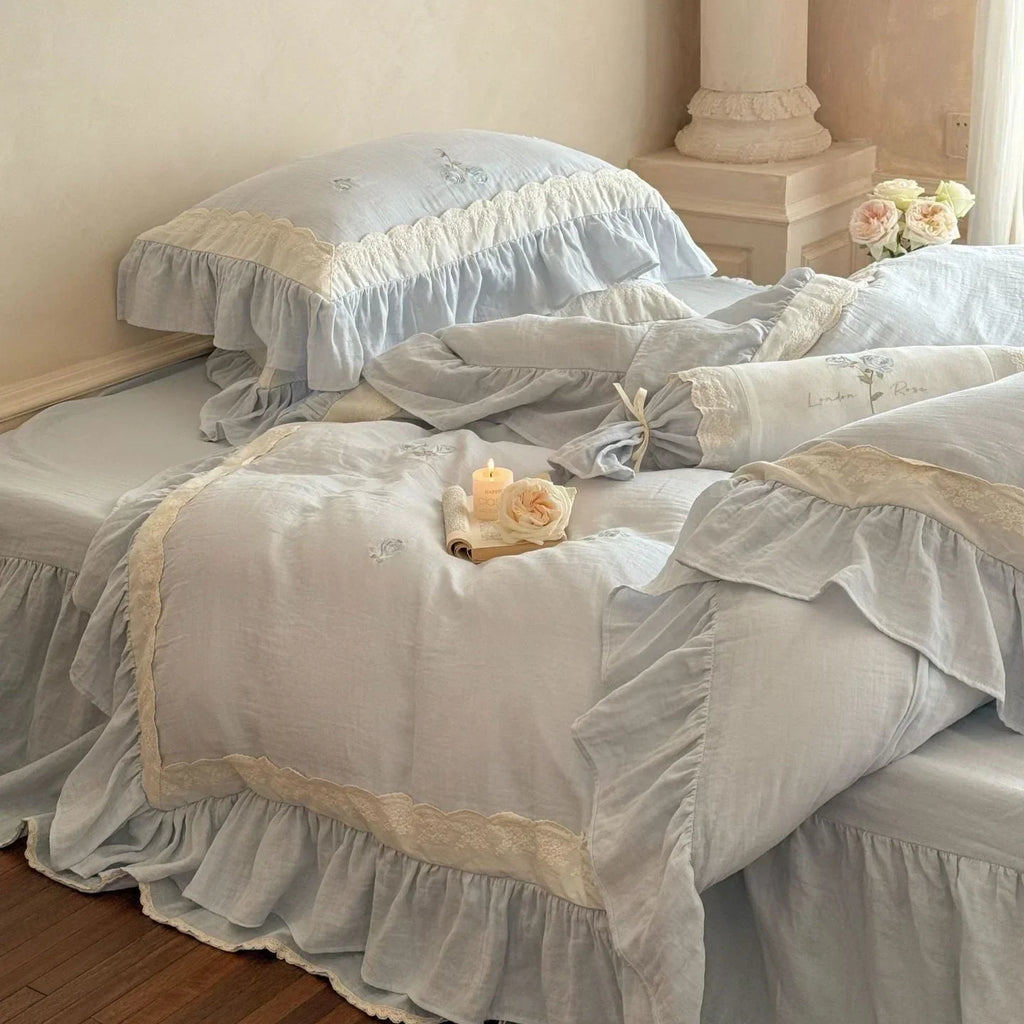 Beatrice Rose Lace Ruffle Bedding Set / Pink, in-use display - House Of Avana