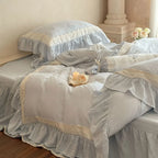 Beatrice Rose Lace Ruffle Bedding Set / Pink, in-use display - House Of Avana