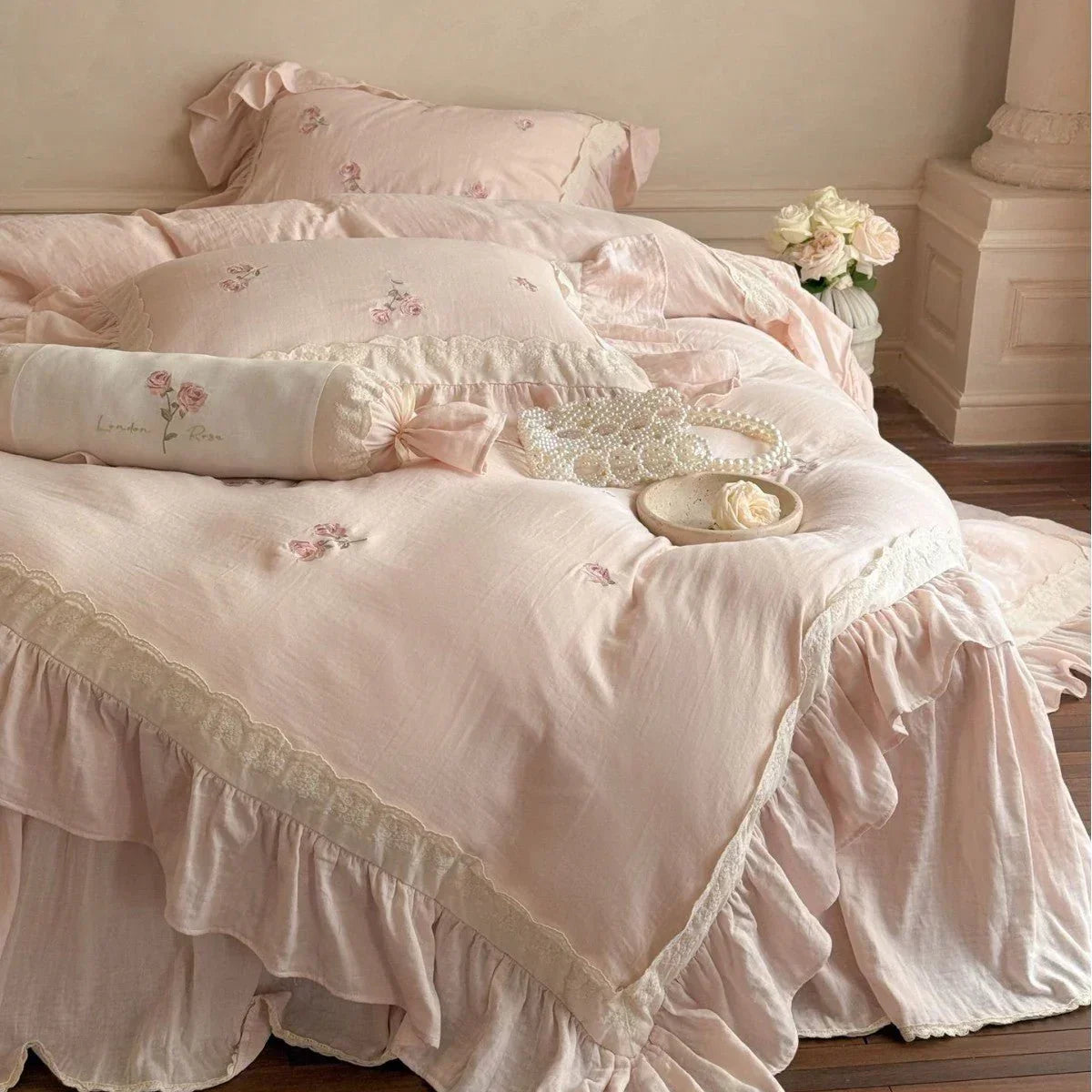 Beatrice Rose Lace Ruffle Bedding Set / Pink, back view - House Of Avana