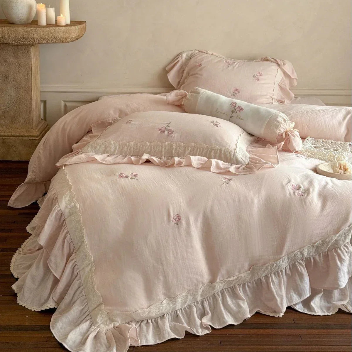 Beatrice Rose Lace Ruffle Bedding Set / Pink, side view - House Of Avana