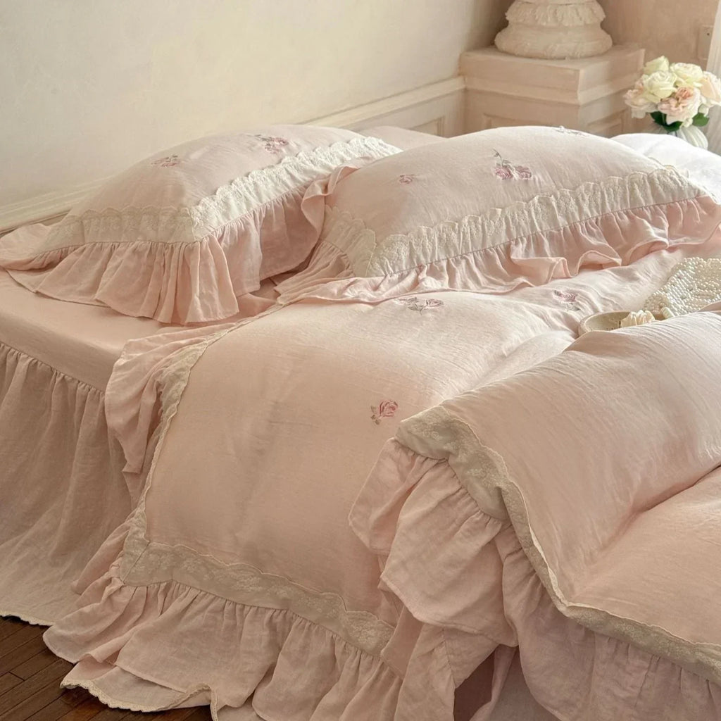 Beatrice Rose Lace Ruffle Bedding Set / Pink, detail shot - House Of Avana