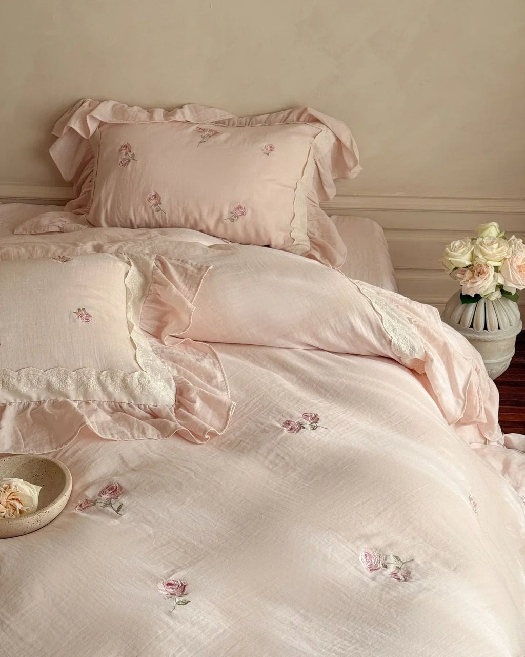Beatrice Rose Lace Ruffle Bedding Set / Pink, lifestyle image - House Of Avana